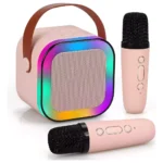 Caixa De Som Karaokê Potente 2 Microfones Portátil Cor Rosa 110v/220v
