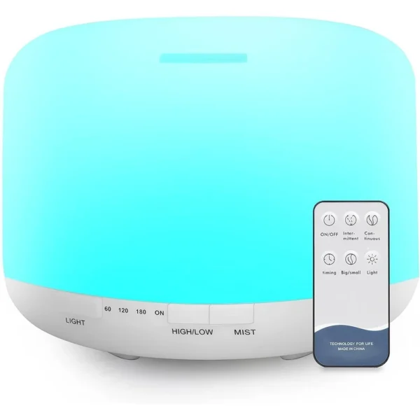 Difusor De Óleos Essenciais 500ml, Humidificador Ultrassónico Sem BPA Com Controlo Remoto E 7 Diferentes Luzes