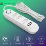 Filtro De Linha Extensão Régua 3 Tomadas 3 Usb Bivolt 2 metros Fio Branco