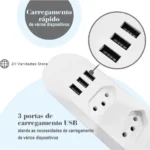 Filtro De Linha Extensão Régua 3 Tomadas 3 Usb Bivolt 2 metros Fio Branco - Imagem 3