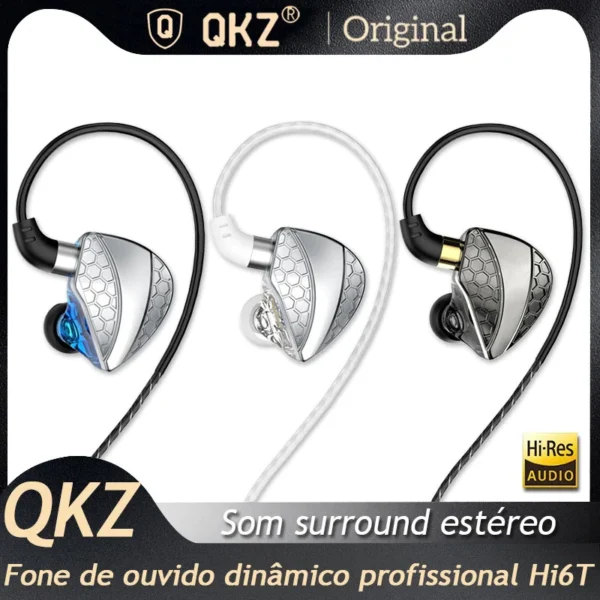 QKZ-Hi6T Auscultadores HiFi, Driver Dinâmico, Auscultadores IEM Stereo Surround Música, Hi-Res com Microfone, In-Ear AK6