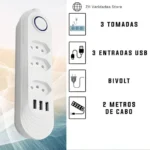 Filtro De Linha Extensão Régua 3 Tomadas 3 Usb Bivolt 2 metros Fio Branco - Imagem 5