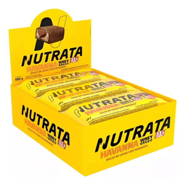 Whey Grego Bar Havanna Morango Nutrata | Caixa C/ 12