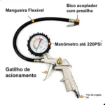 Calibrador De Pneus Pneumático Analógico Encaixe Rosca Com Manômetro 0 A 220 Lbs PSI - Imagem 7