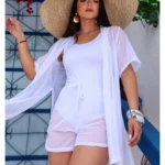 Saida De Praia Aberta Conjunto Kimono Camisão Manga Curta Com Short Curto Em Tule Branco