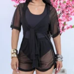 Saida De Praia Aberta Conjunto Kimono Camisão Manga Curta Com Short Curto Em Tule Preto
