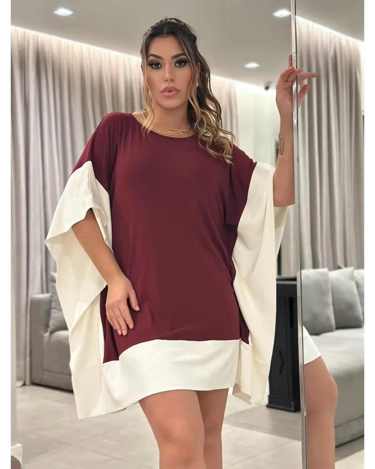 Vestido Amplo Bata Bicolor Manga Morcego Túnica Saída de Praia Viscolycra Vinho - Imagem 1