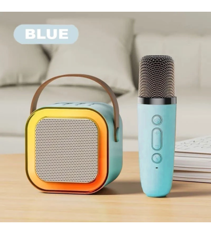 Caixa De Som Karaokê Potente 2 Microfones Portátil Cor Azul 110v/220v
