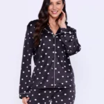 Pijama Plush Feminino Manga Longa Aberto Black Dots
