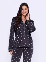 Pijama Plush Feminino Manga Longa Aberto Black Dots