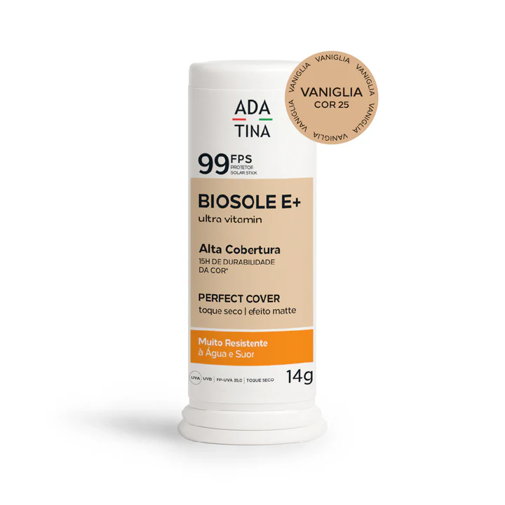 Protetor Solar Facial 12HS Stick com Cor Vaniglia Toque Seco – Biosole E Plus Ultra Vitamin FPS 99 14g