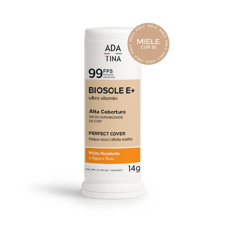 Protetor Solar Facial 12HS Stick com Cor Miele 25 Toque seco – Biosole E Plus Ultra Vitamin FPS 99 14g