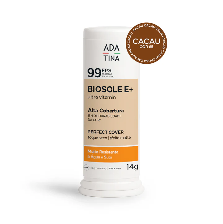 Protetor Solar Facial 12HS Stick com Cor Cacau 65 Toque seco – Biosole E Plus Ultra Vitamin FPS 99 14g