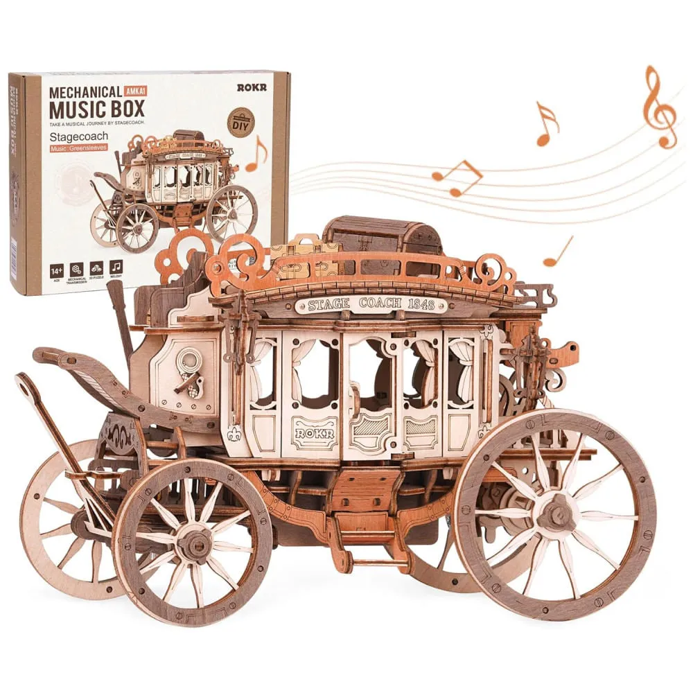 8197677-1600-auto Quebra Cabeças 3D em Madeira para Adultos | Tema Caixa de Música Carruagem Retrô do Velho Oeste com 199 Peças | ROKR - Imagem 1