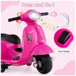 Moto Elétrica Infantil Vespa OLAKIDS Rosa 6V Licenciada Rodas de Treinamento Farol LED Buzina Estrutura Metálica 3 Rodas - Imagem 7