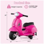 Moto Elétrica Infantil Vespa OLAKIDS Rosa 6V Licenciada Rodas de Treinamento Farol LED Buzina Estrutura Metálica 3 Rodas - Imagem 8