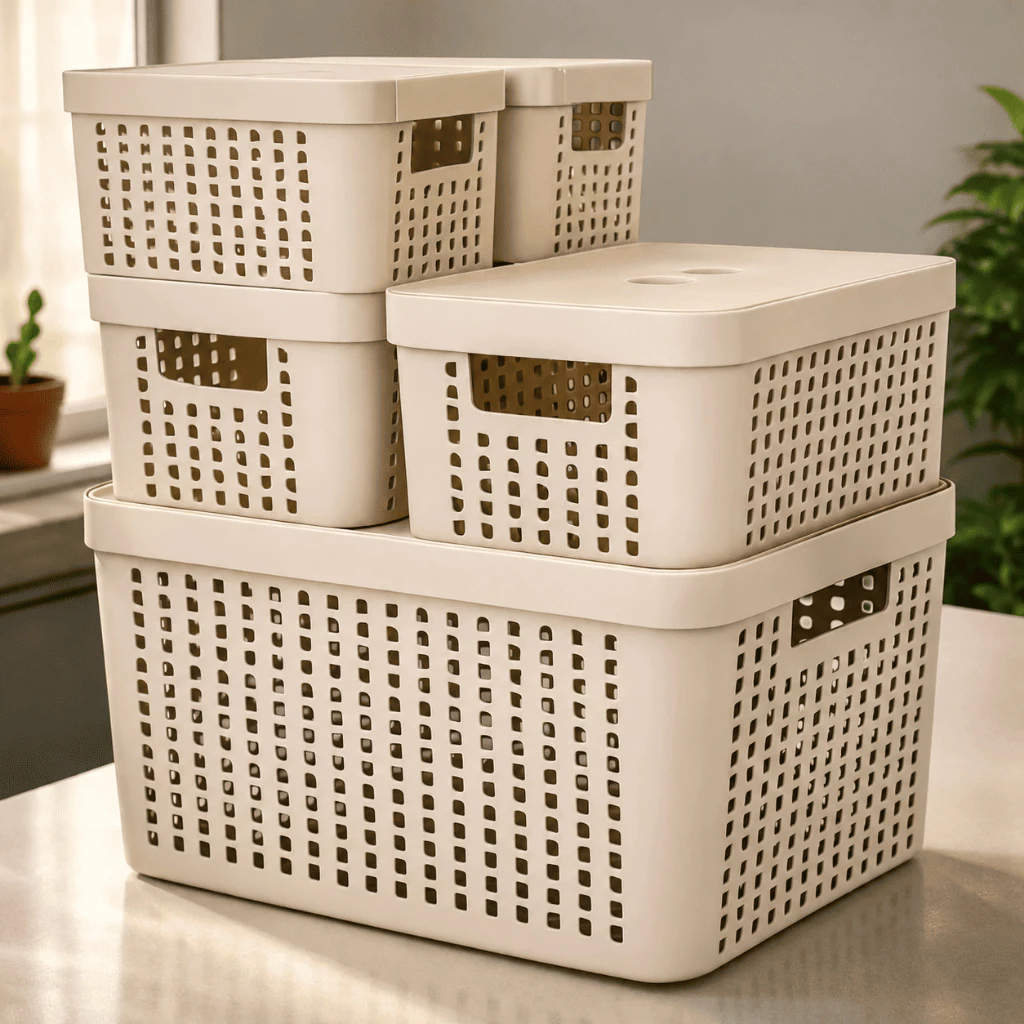 br-11134207-820lj-mqvxcnrv84joe4 Kit 5 Caixas Organizadoras com Tampa Cesto Grande de Plástico 2 Litros 4,5 Litros 17 Litros - Imagem 1