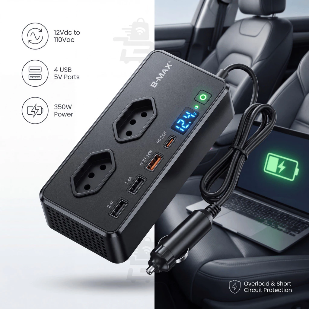 sg-11134201-8261z-ml3n02mf3cat9d Inversor Adaptador Tomada Veicular 350W 12V p/ 110V Carregador USB Notebook Celular Portátil B-Max - Imagem 1